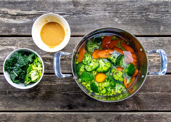 Japanese Noodle Soup Ingredients in a Pot and Bowls