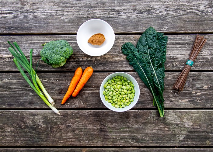 Ingredients for Japanese Noodle Soup on Wooden Background