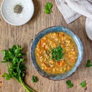 Easy Vegetarian Bean Soup In Blue Bowl with Linen