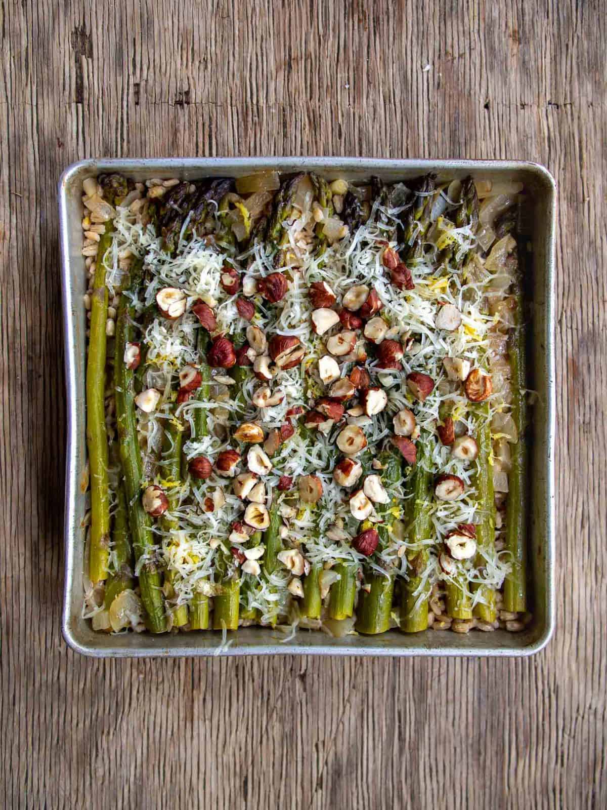 Baked Asparagus Barley Risotto in Silver Square Baking Dish