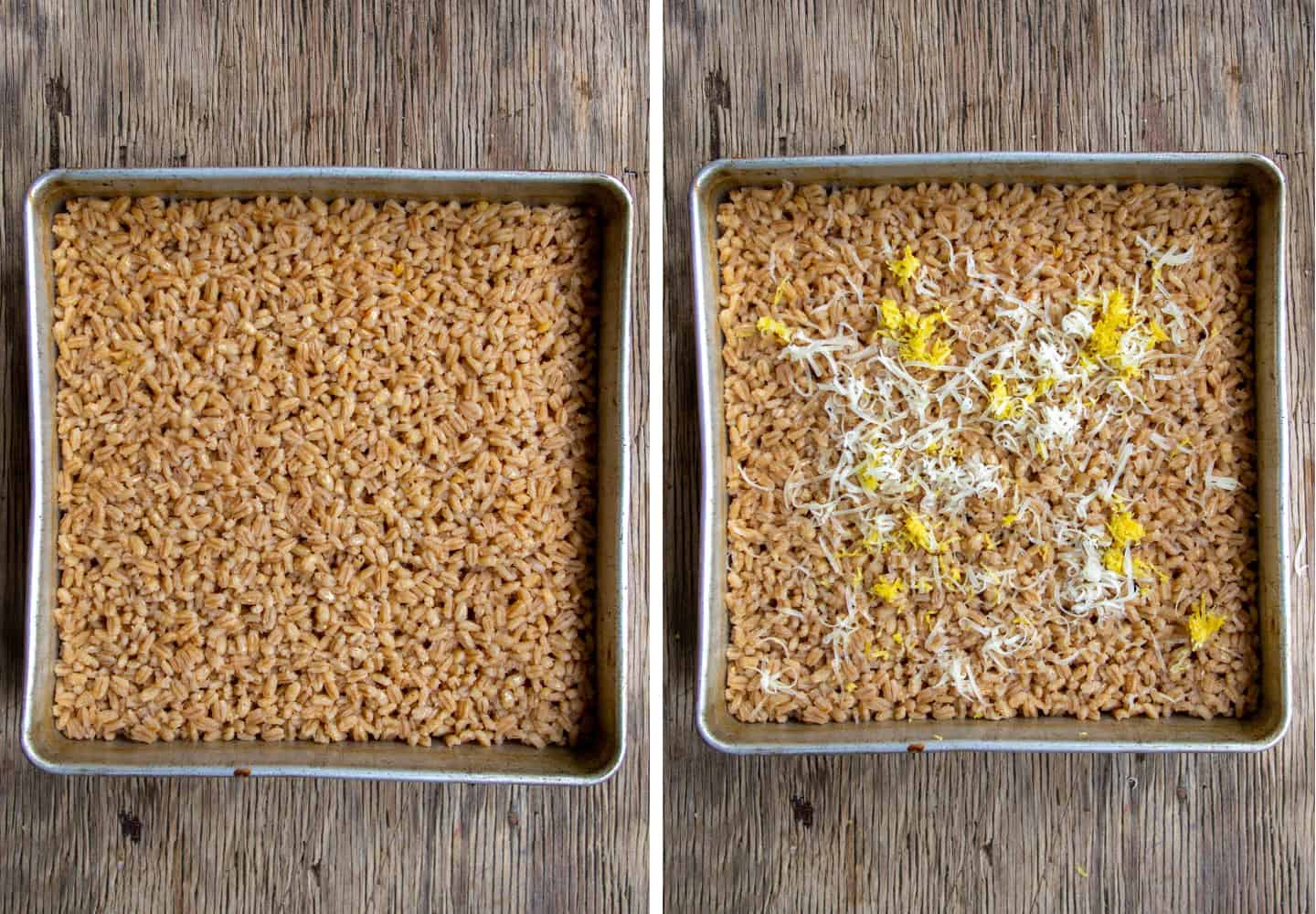 Baked barley in baking pan, then topped with parmesan cheese and lemon zest