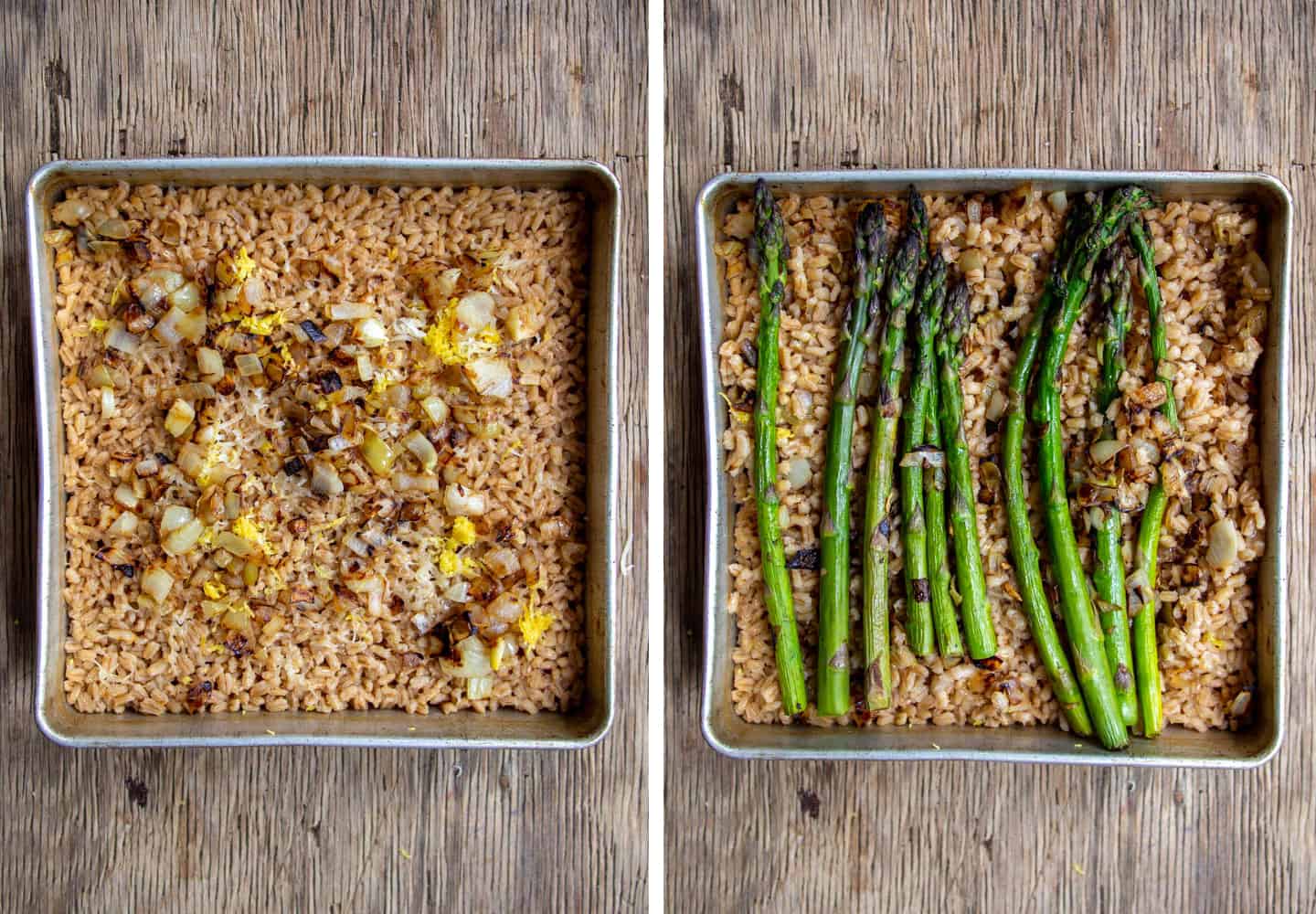 Add onions to barley and then top with asparagus