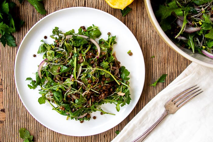 Close-up of lentil salad on white plate