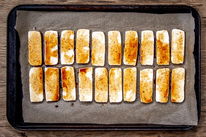 Sliced Tofu with Soy Sauce and Sesame Oil On Baking Sheet