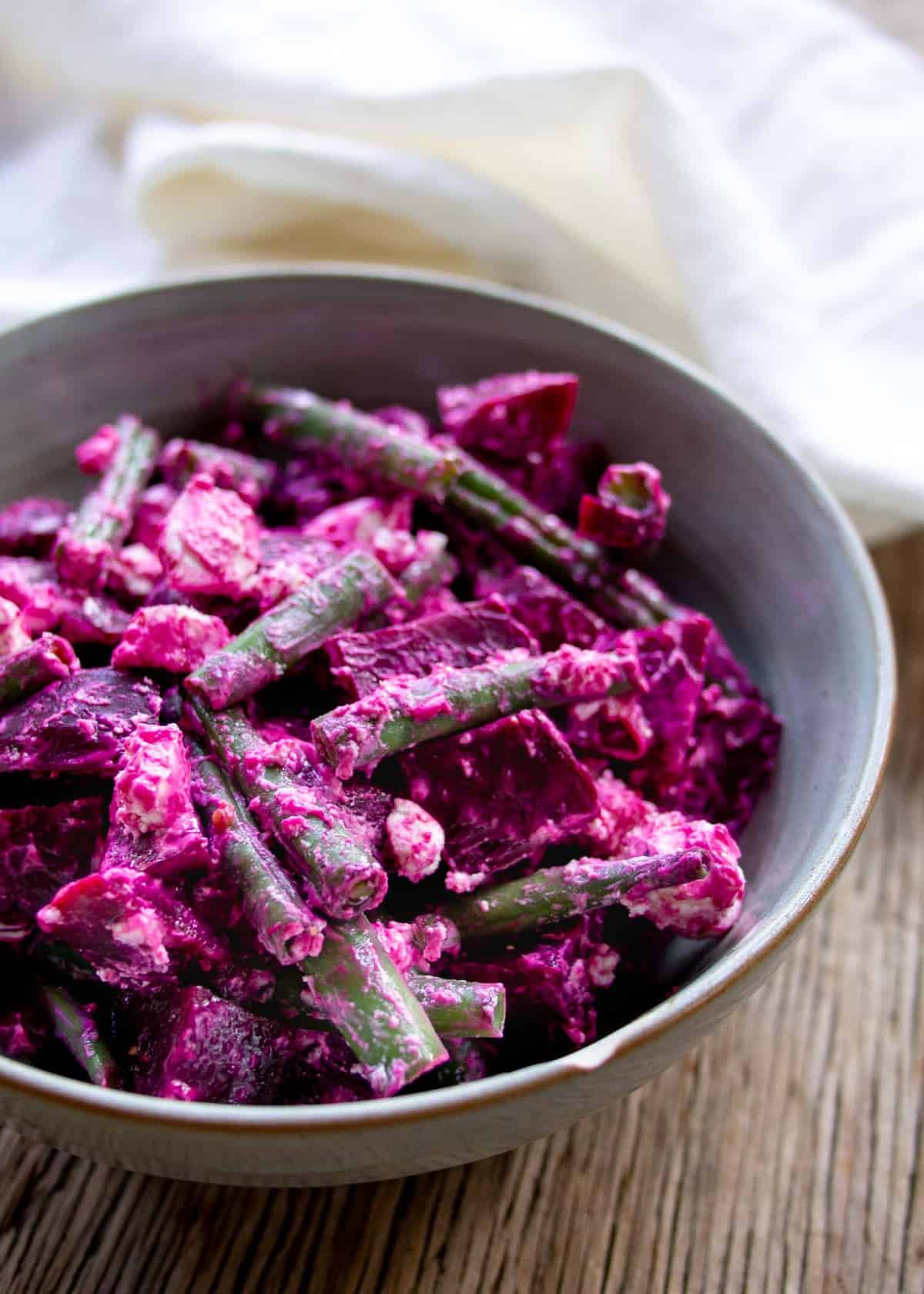 cold beet salad with goat cheese mixed in