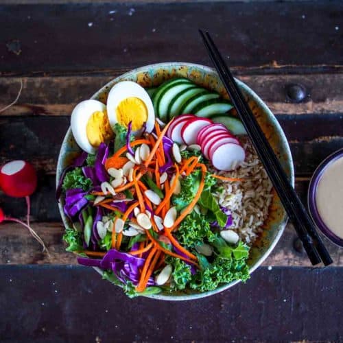 Japanese Salad with Boiled Eggs and Chopsticks On Side