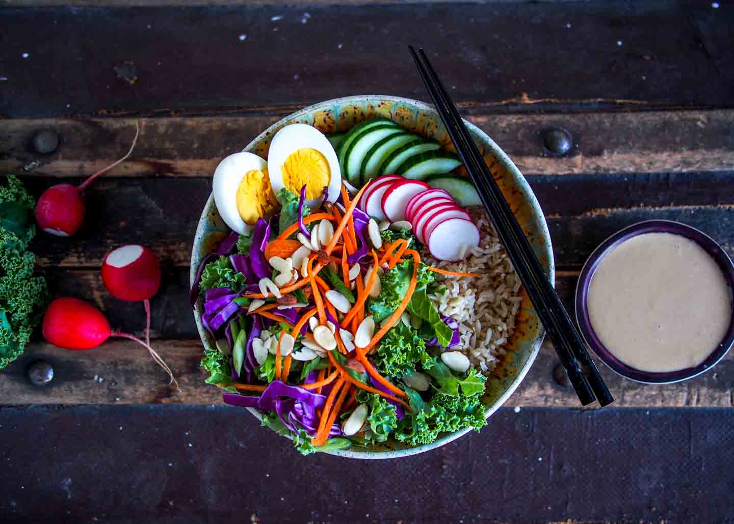 Japanese Salad with Boiled Eggs and Chopsticks On Side