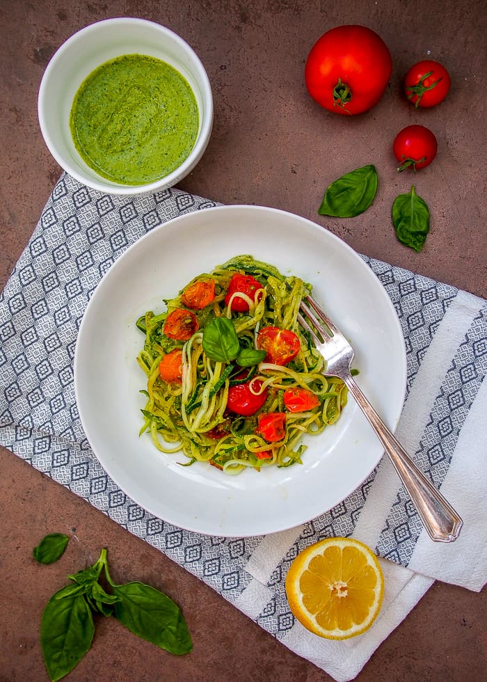 Pesto Zucchini Noodles on White Plate