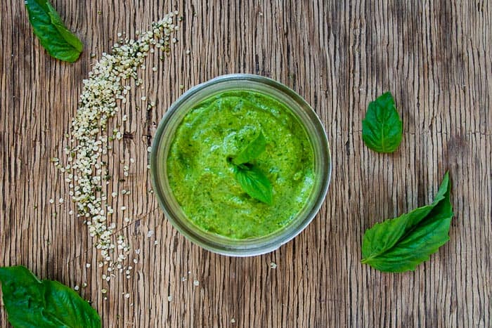 Vegan Hemp Pesto on Wooden Board