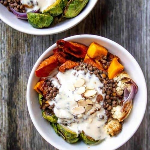 Lentil Vegetable Bowl Recipe On Wooden Background