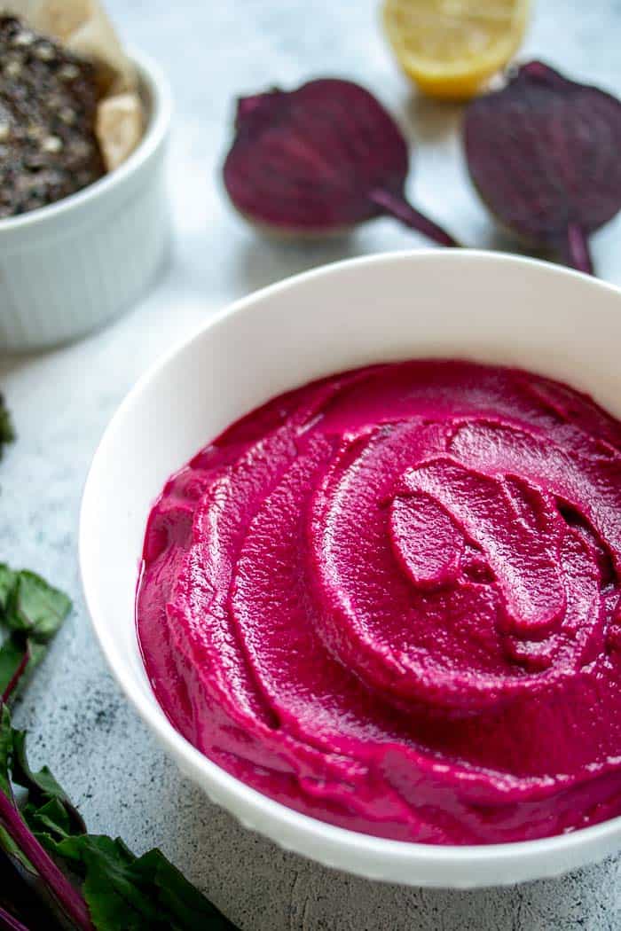 Pink Beet Dip with White Bowl Close-Up