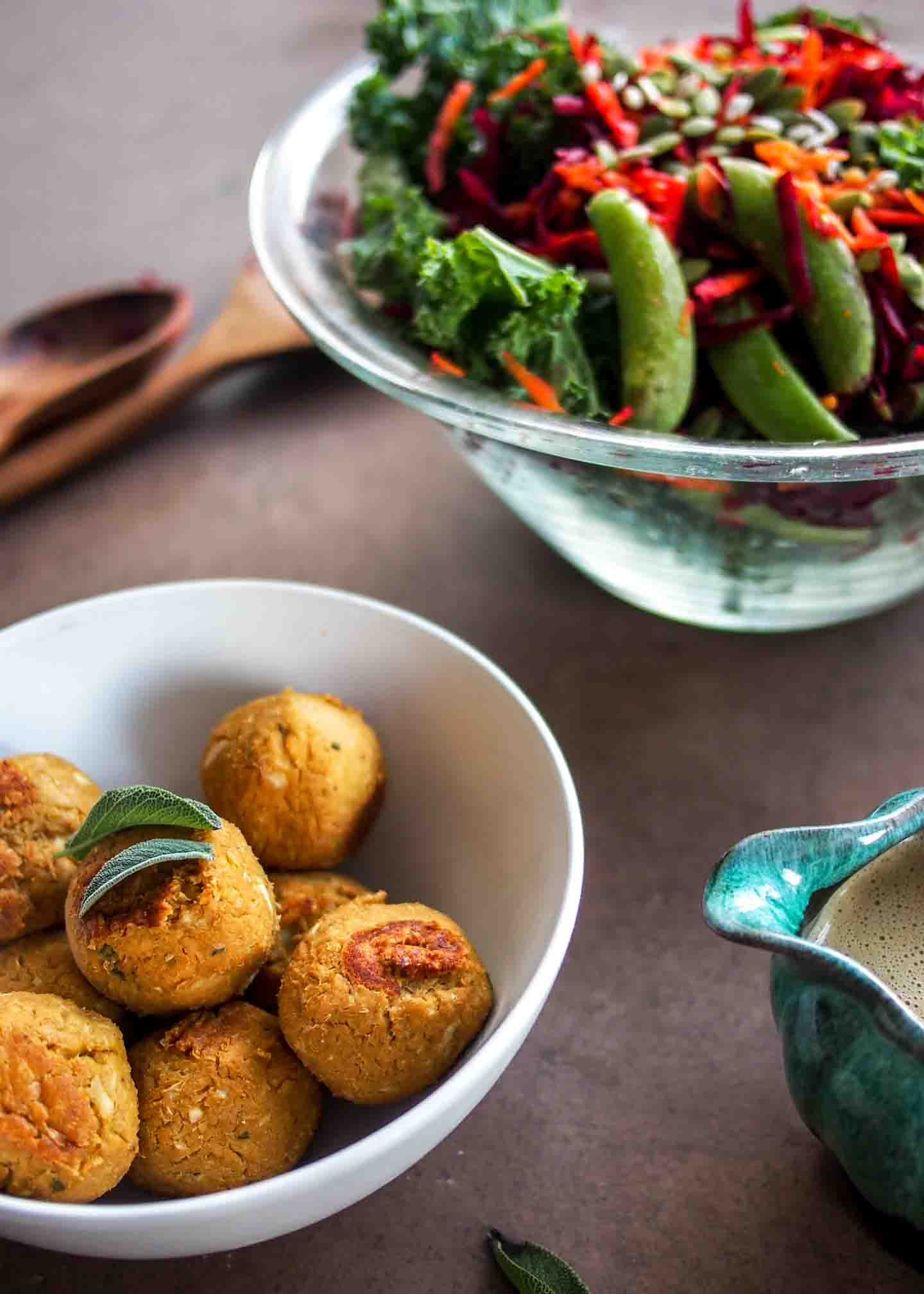 Vegan Meatballs in White Bowl with Side Salad