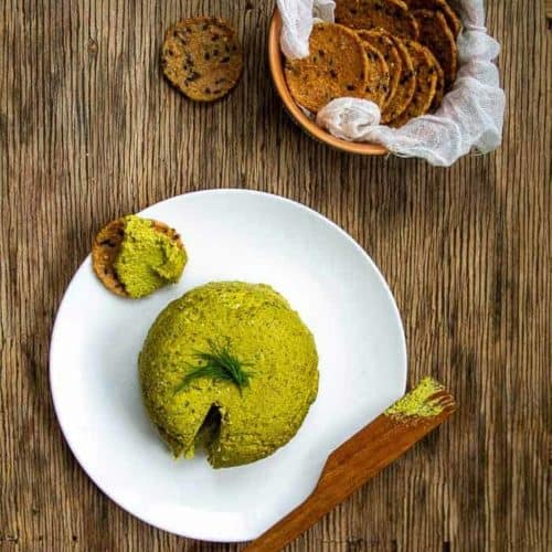 Hemp Vegan Pate on White Plate with Seed Crackers