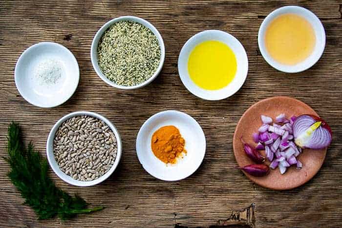 Ingredients for Hemp Vegan Pate on Wooden Board