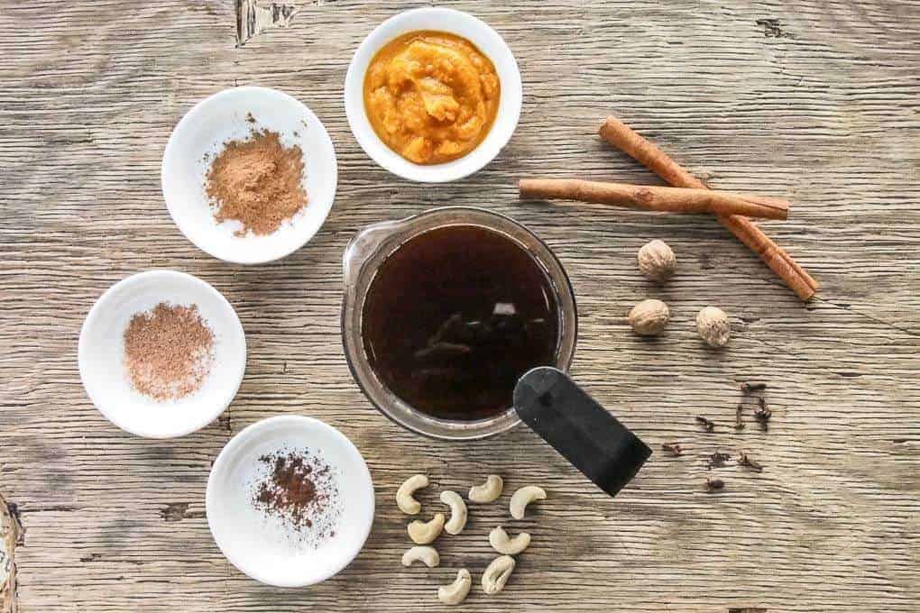 Ingredients for Pumpkin Spiced Latte - Spices, Coffee, Nuts, Pumpkin Puree