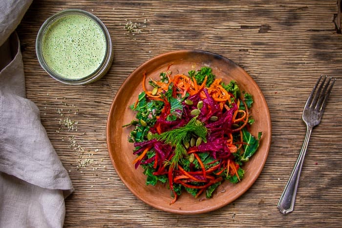 Salad on Brown Place with Vegan Ranch Dressing On Side