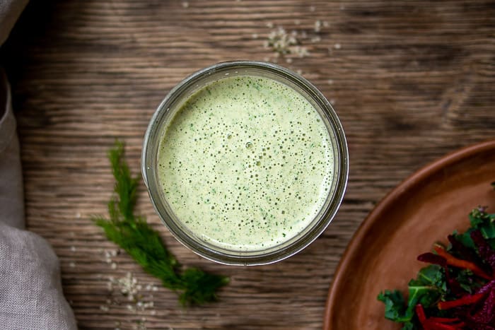 Vegan Dressing Recipe with Hemp in Glass Jar with Fresh Dill