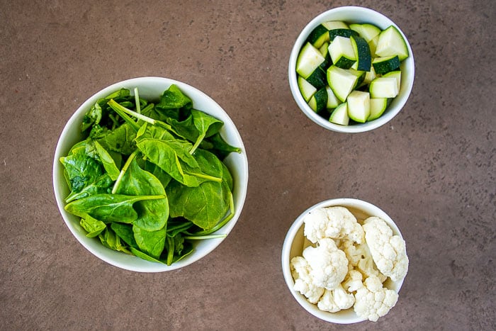 Zucchini, Spinach and Cauliflower ready to freeze