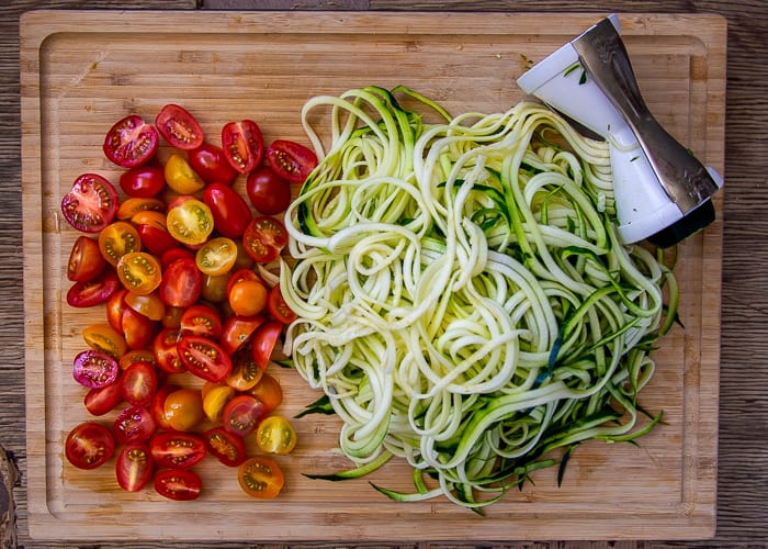 Spiralized Zucchini and Halved Cherry Tomatoes