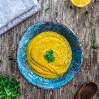 Butternut Squash Curry Lentil Soup in Blue Bowl