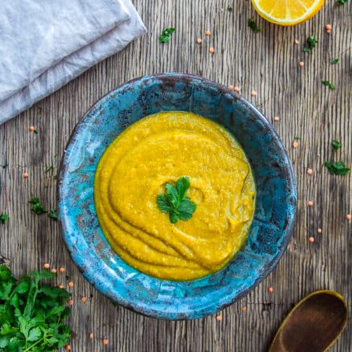 Butternut Squash Curry Lentil Soup in Blue Bowl