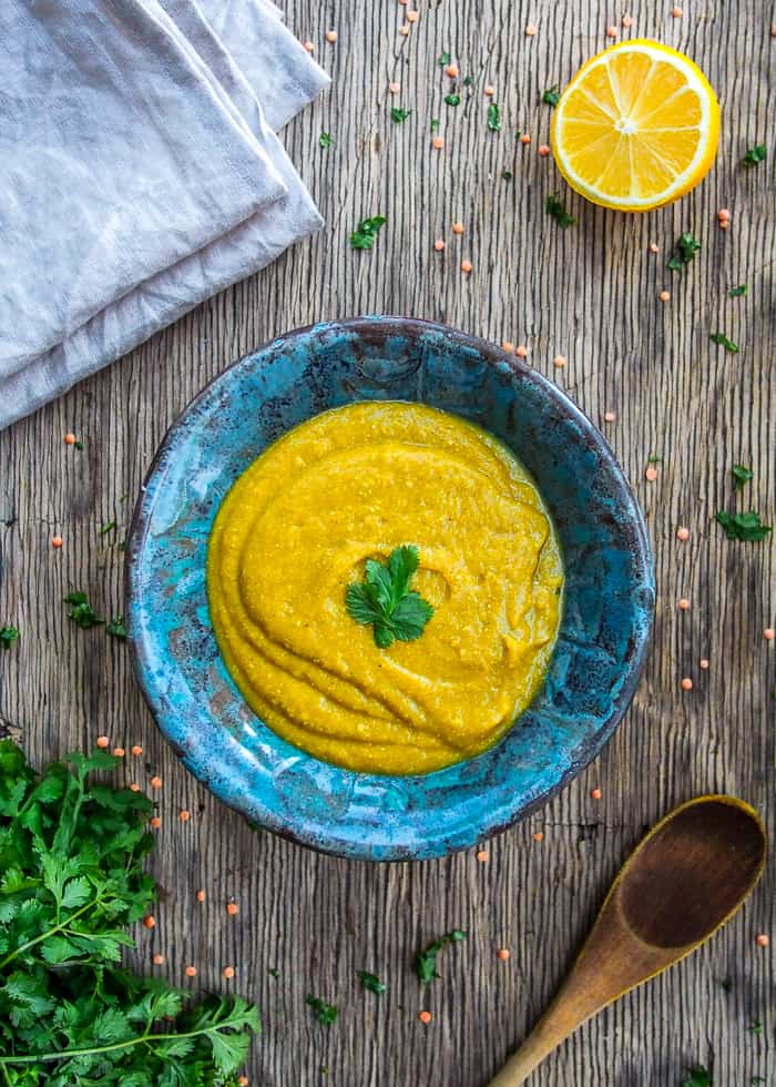 Butternut Squash Curry Lentil Soup in Blue Bowl