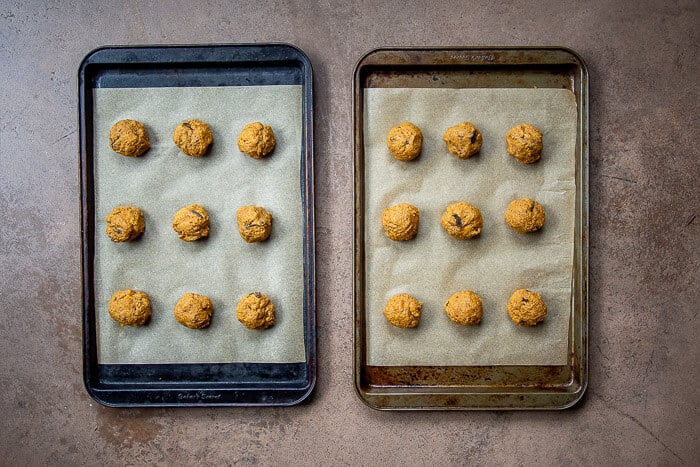 Batter for Soft Pumpkin Cookies on Two Baking Trays