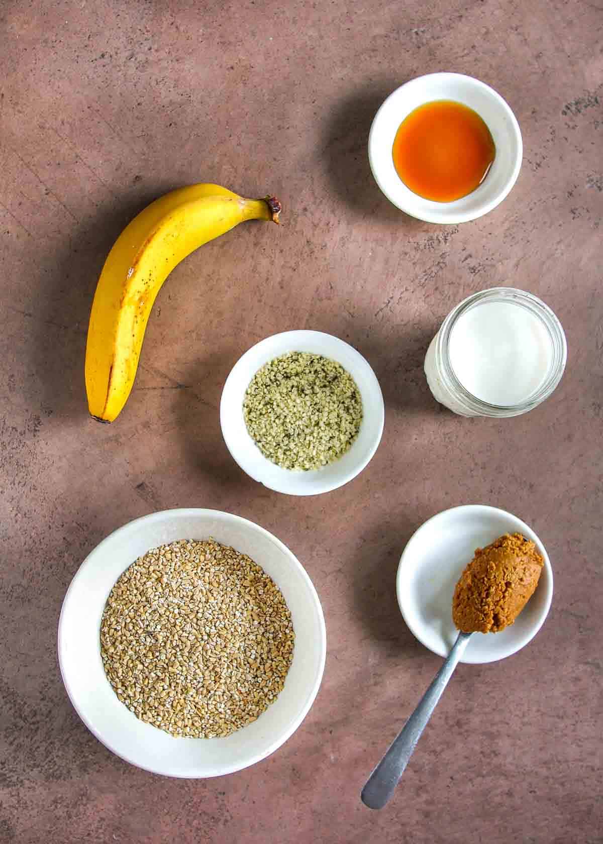 Ingredients for Steel-Cut Oats: Oats, Hemp, Peanut Butter, Hemp Milk, Maple Syrup, Banana