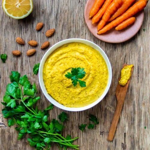 Feature Raw Almond Dip in White Bowl