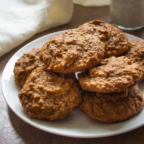 Feature Three Ingredient Peanut Butter Cookies Stacked on White Plate