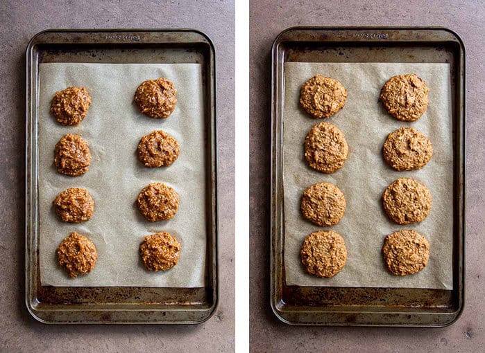 Three Ingredient Peanut Butter Cookies raw and baked on baking tray