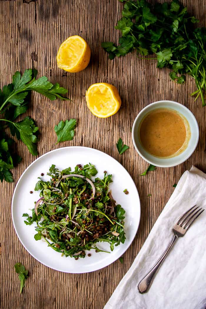 The Best Lentil Salad on White Plate on Wooden Board