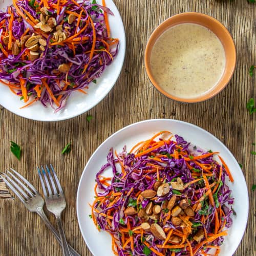 Red Cabbage Coleslaw on White Plates