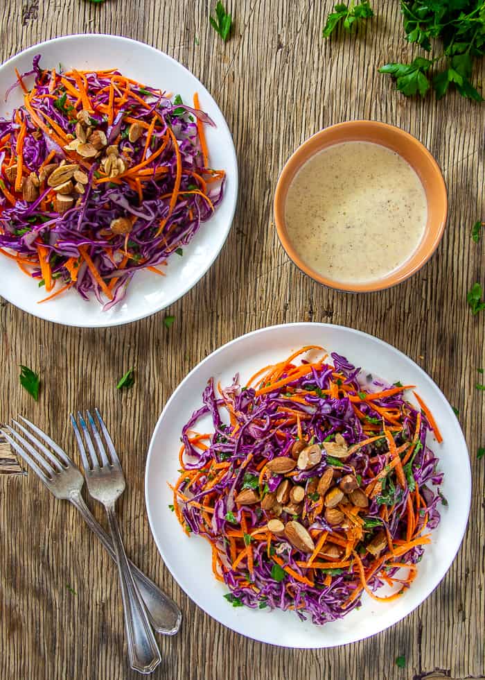 Red Cabbage Coleslaw on White Plates