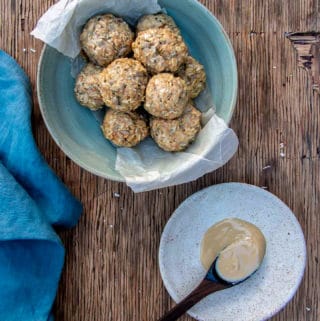 No-Bake Tahini Balls in Blue Bowl