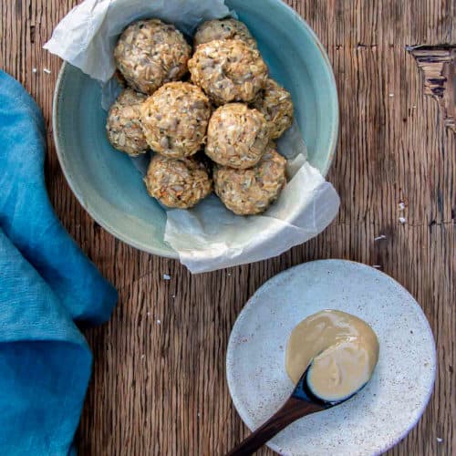 No-Bake Tahini Balls in Blue Bowl