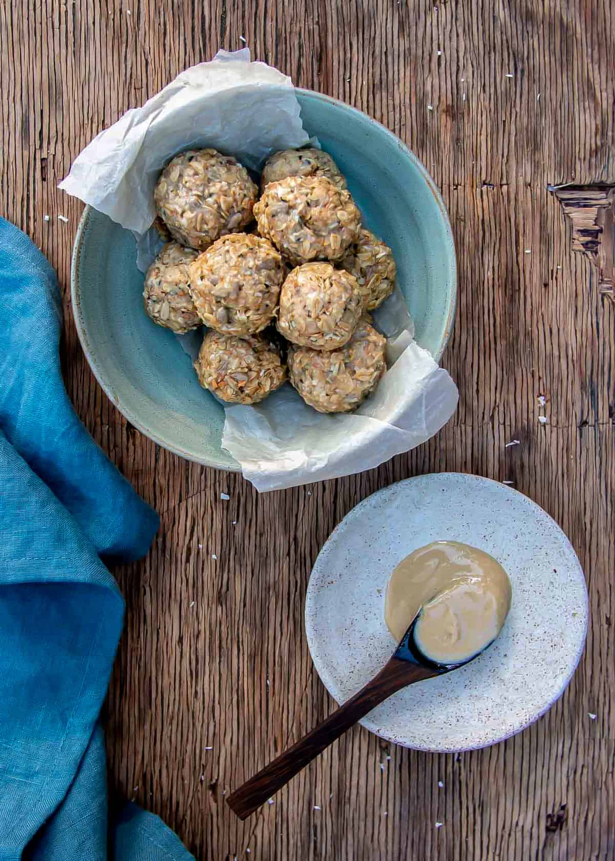 No-Bake Tahini Balls in Blue Bowl