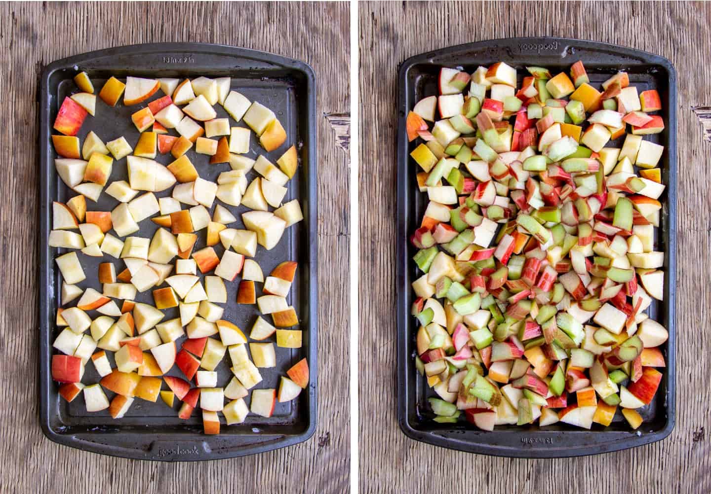 Cut up apples and rhubarb on baking tray