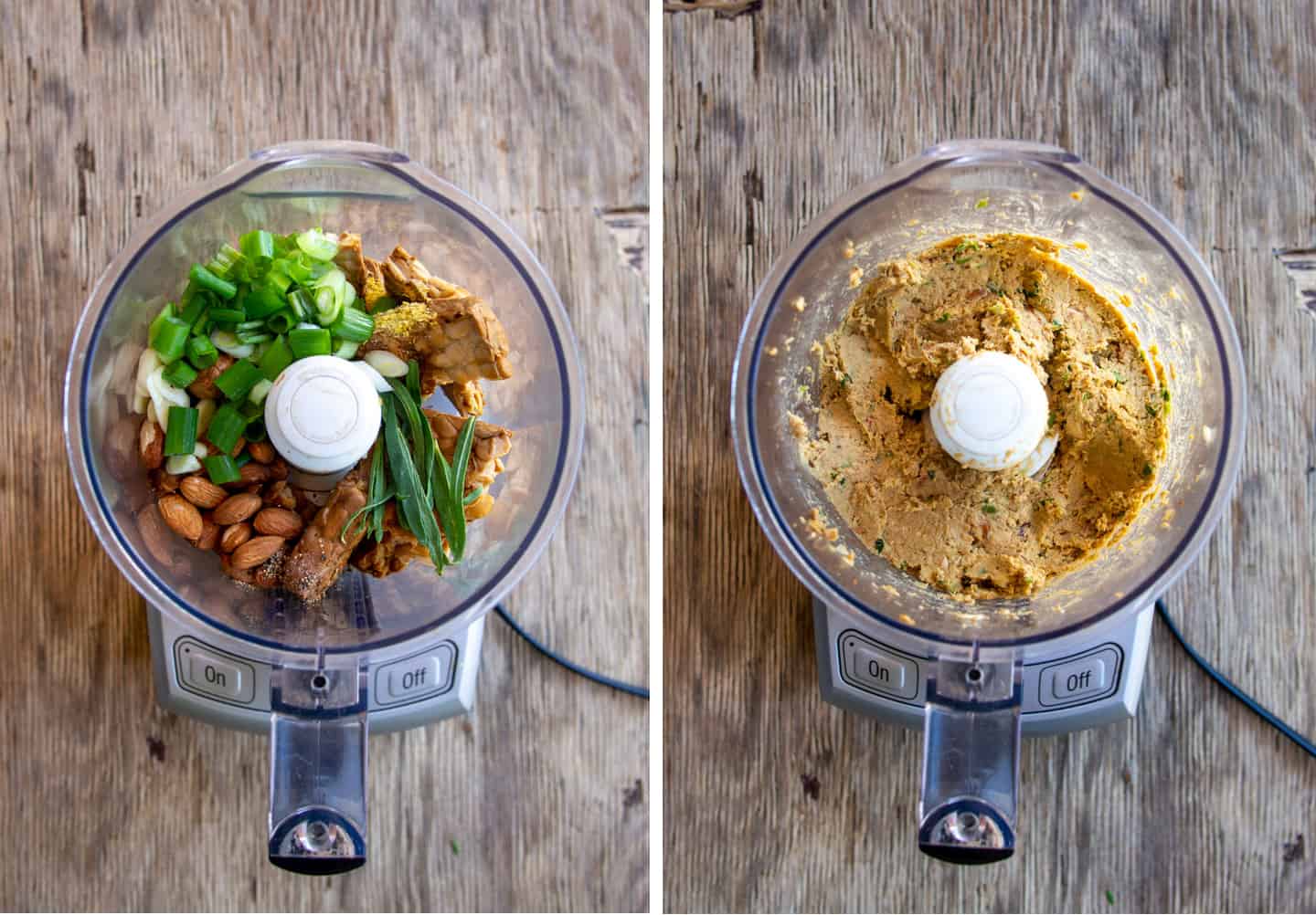 Ingredients for tempeh meatballs in a food processor