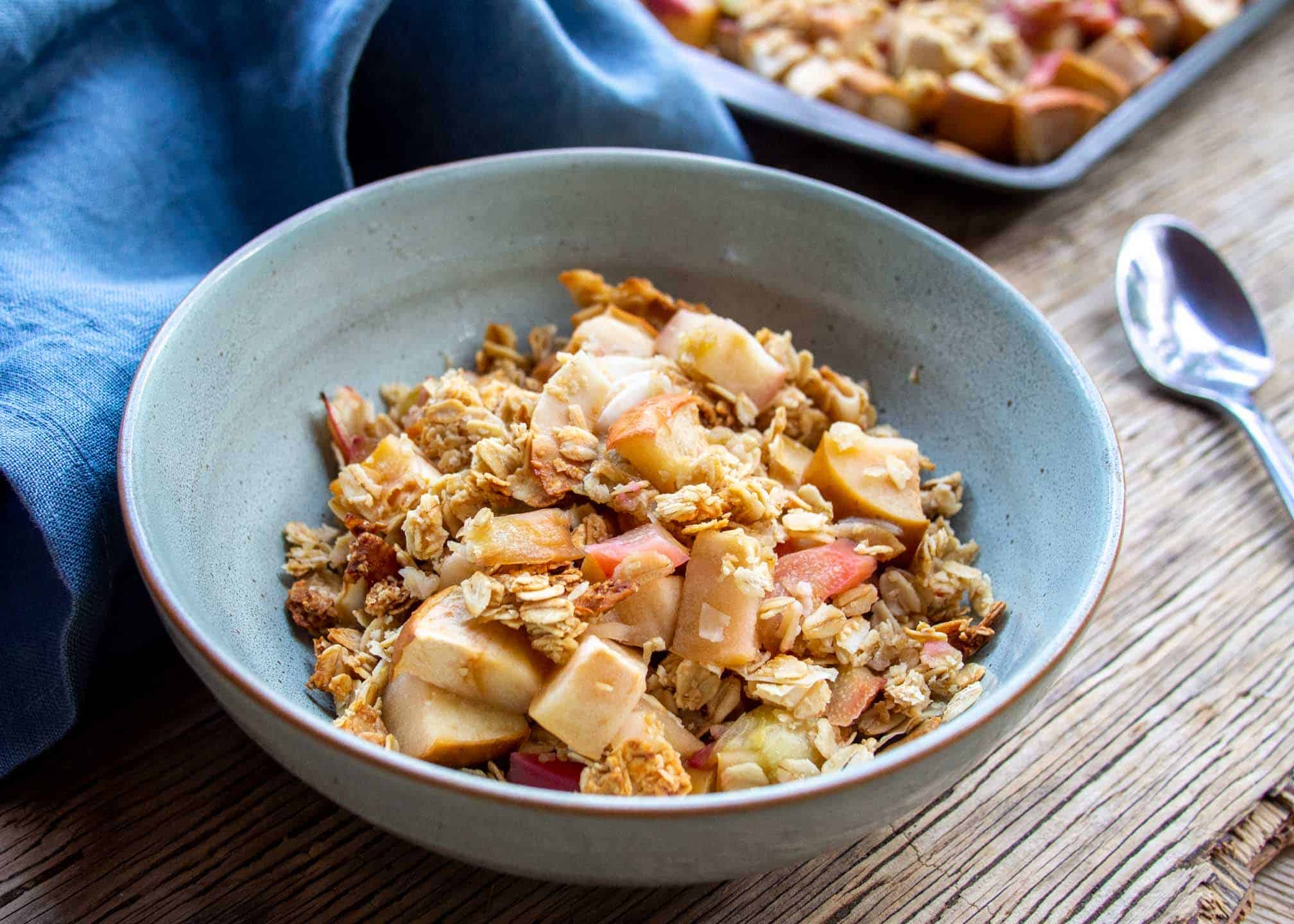 Rhubarb Crisp in Blue Bowl