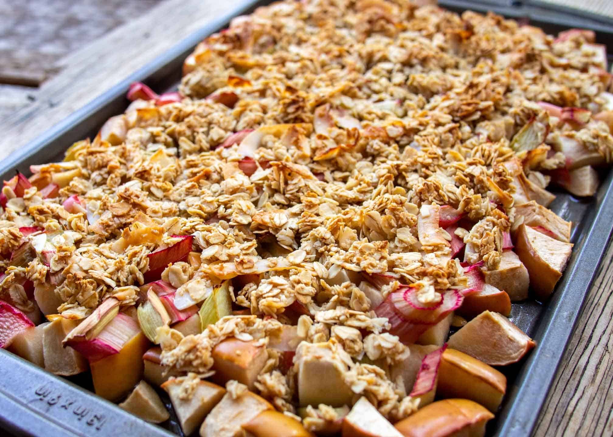 Rhubarb Apple Crisp on Baking Tray