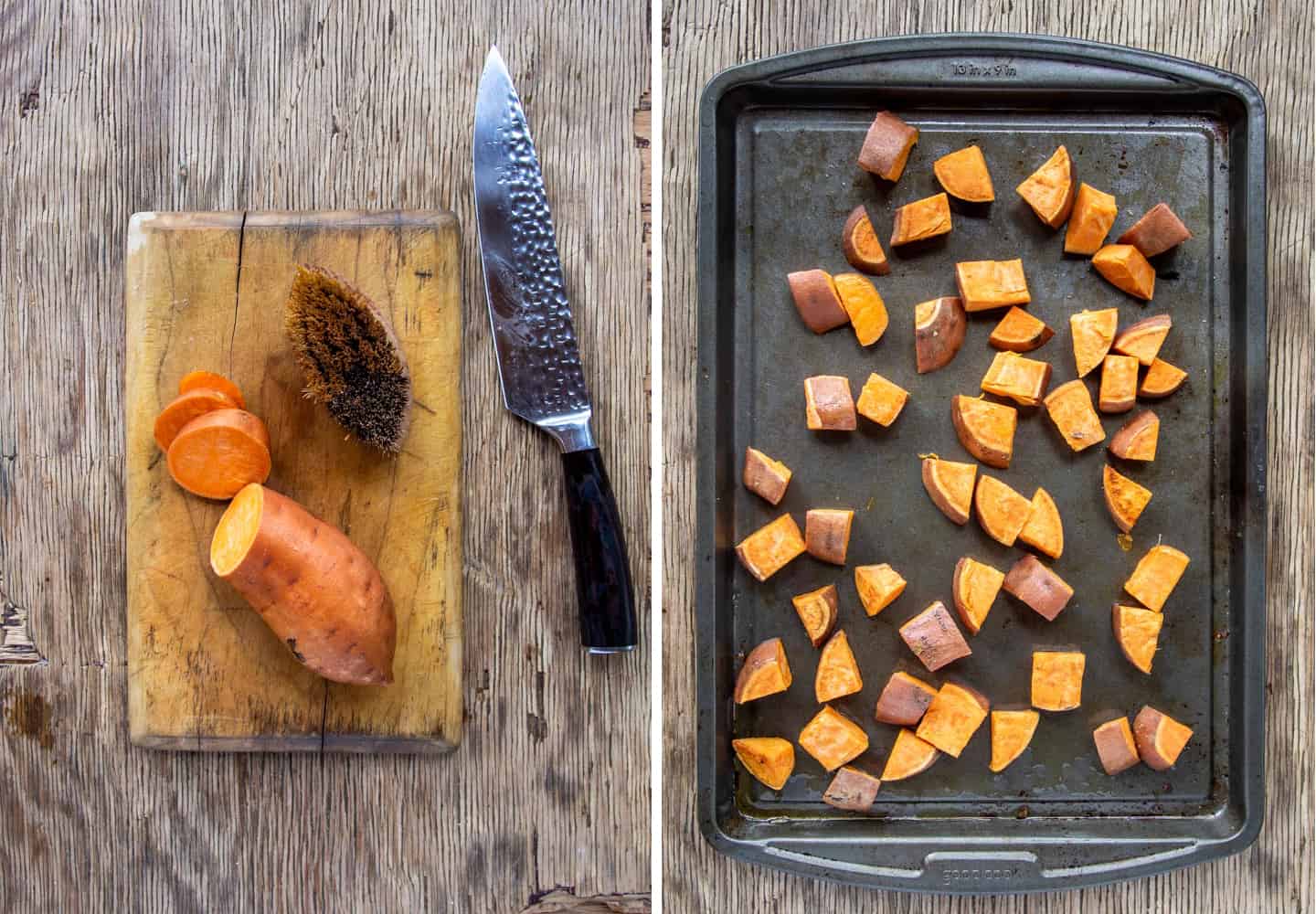 Yam being sliced, and then added to baking tray