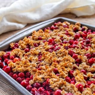 Cranberry crisp on grey tray