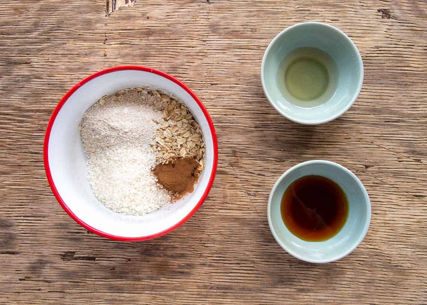 ingredients for crisp topping in red rimmed bowl