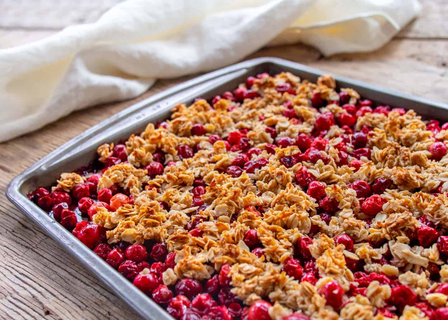 Cranberry crisp on grey tray