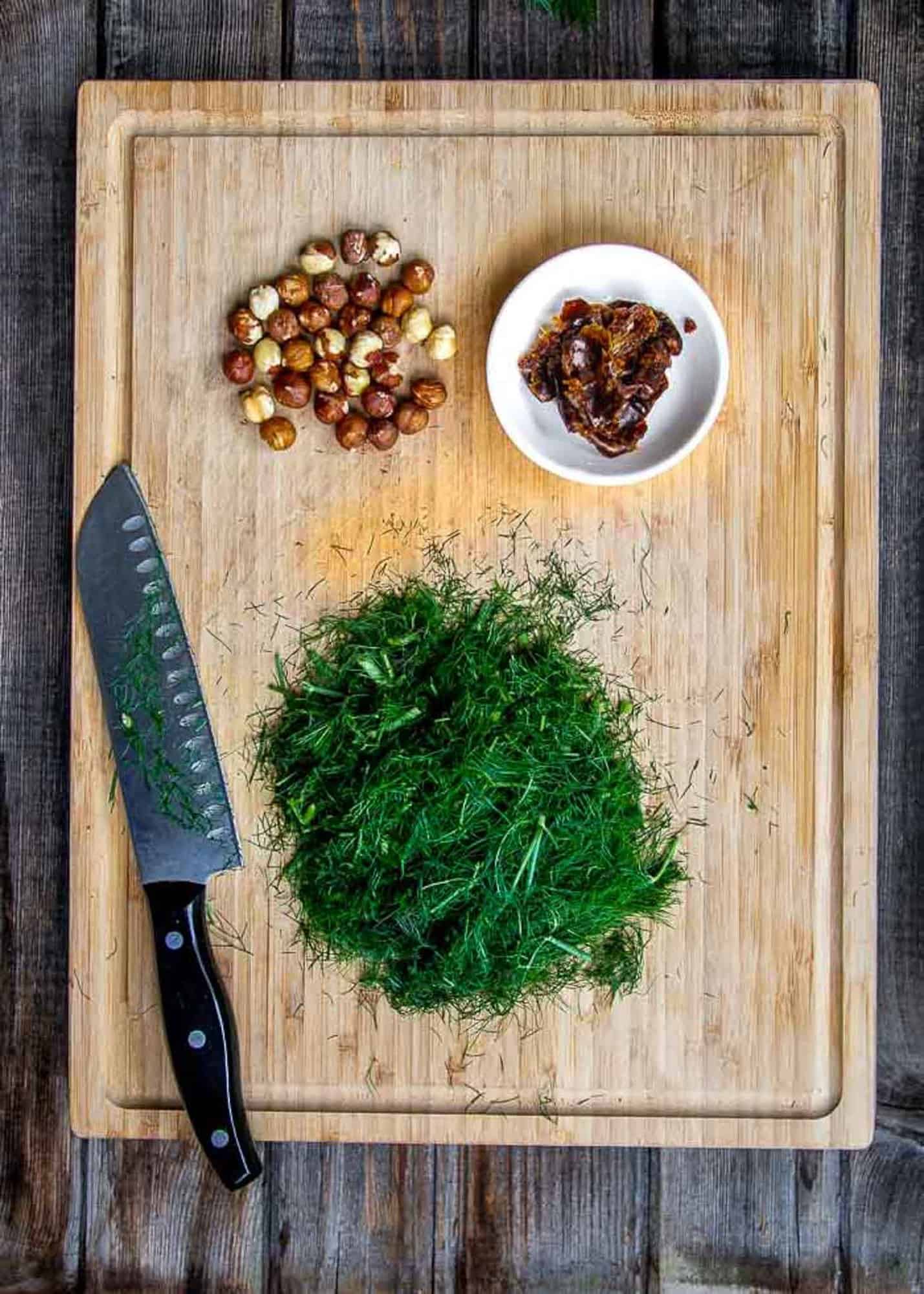 Prepped chopped fennel, hazelnuts and dates